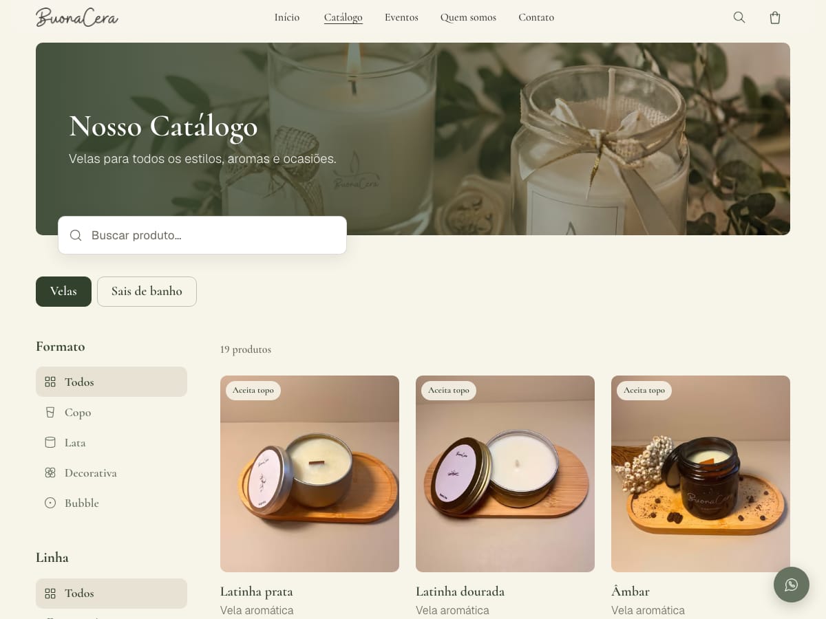 Catálogo do site da BuonaCera, com busca e filtros