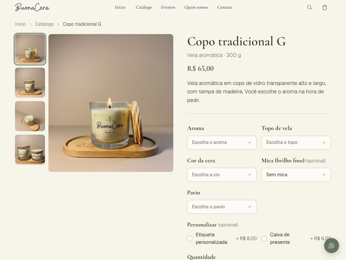 Página de produto do site da BuonaCera, com as opções de personalização